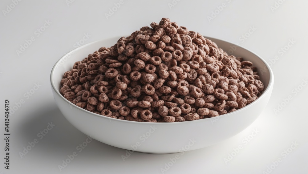Chocolate cereals displayed in a bowl on a white surface Chocolate cereals displayed in a bowl on a white surface