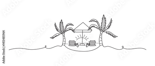Abstract landscape ocean beach drawn by one line. Palm trees, ocean, beach, sun loungers, umbrella, sunset scenary. Cozy summer vector illustration for travel themes in minimalist art.