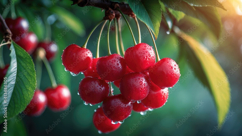 Obraz premium Cherries suspended from a tree branch.