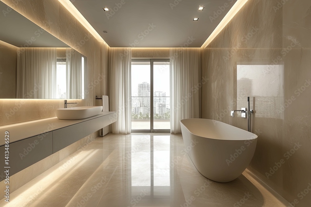 Fototapeta premium Modern bathroom showcasing a sleek tub and windowed balcony view