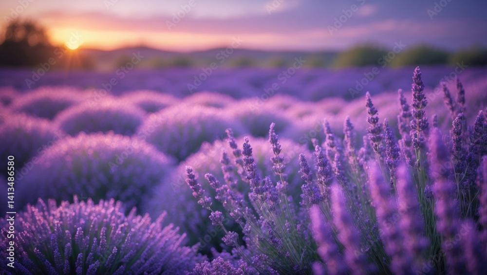Fototapeta premium Lavender field beneath a sunset sky