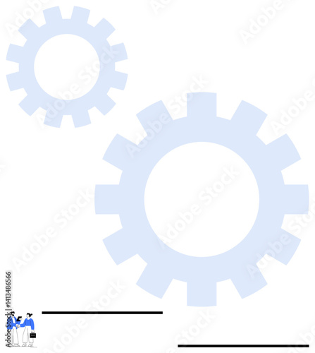 Large interconnected gears and professionals in discussion suggesting teamwork, process efficiency, and problem-solving. Ideal for strategy, workflow, innovation, cooperation, technology, corporate