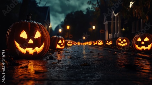A spooky Halloween night with glowing jack-oâ€™-lanterns lining a dark street --ar 16:9 --v 6.1 Job ID: 6441c74c-82ce-4ce0-b6cf-95c9c94c4638