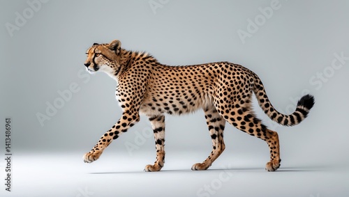 Isolated cheetah on a white backdrop; Acinonyx jubatus species belonging to Felidae