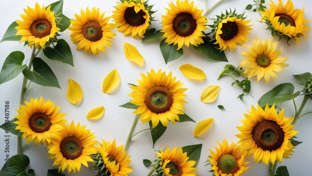 Isolated yellow sunflower with leaves and petals on a white backdrop. Composition from a summer garden. Creative arrangement. Design feature. Aerial perspective, flat lay. Isolated yellow sunflower with leaves and petals on a white backdrop. Composition from a summer garden. Creative arrangement. Design feature. Aerial perspective, flat lay.