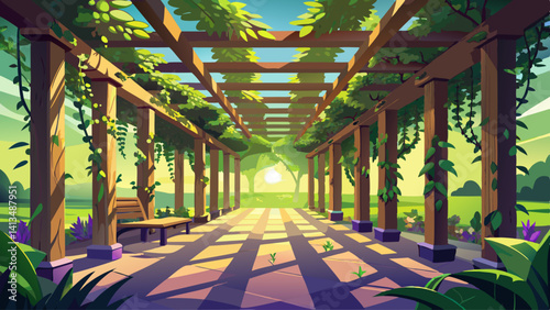 Sunlight filters through a vine-covered pergola, creating dancing patterns on the grass