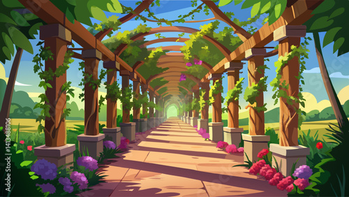 Romantic walkway under a wooden pergola with flowering vines gently swaying in the breeze