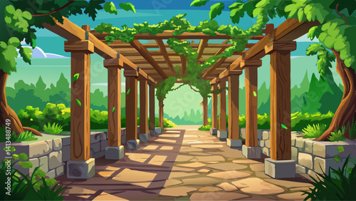A rustic wooden pergola draped in green vines, casting soft shade on a stone path