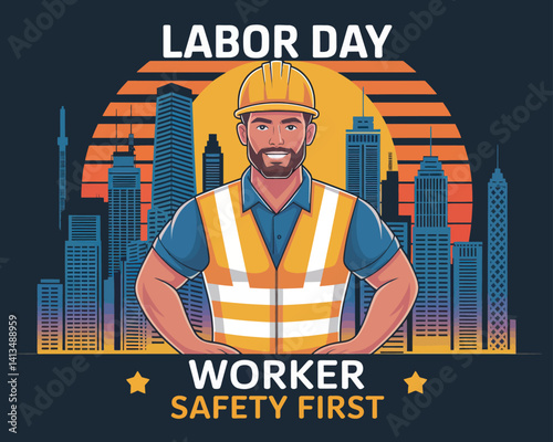 2d vector colorful poster for labor day , work industry equipment , worker , safety .
