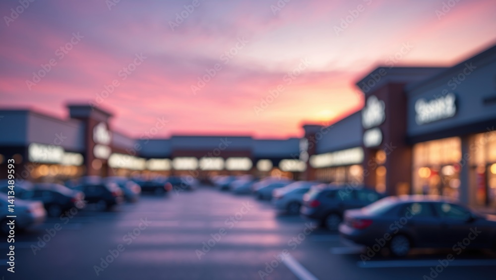 Fototapeta premium Obscured exterior perspective of unoccupied parking lots in a modern mall at dusk.