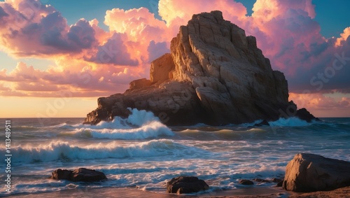 Sunset at the shore with a massive rock and rolling sea waves. Gorgeous colorful clouds with their splendid shadows.