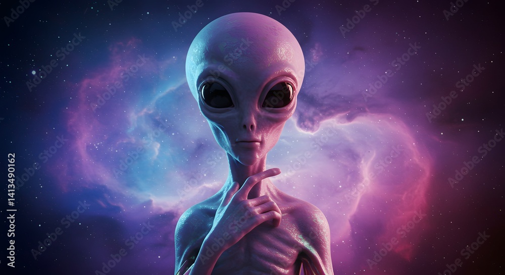 A stylized alien with large black eyes and a slender body poses with one hand near its face, standing against a vibrant cosmic background of purples, blues, and pinks that resemble a nebula in space. A stylized alien with large black eyes and a slender body poses with one hand near its face, standing against a vibrant cosmic background of purples, blues, and pinks that resemble a nebula in space.