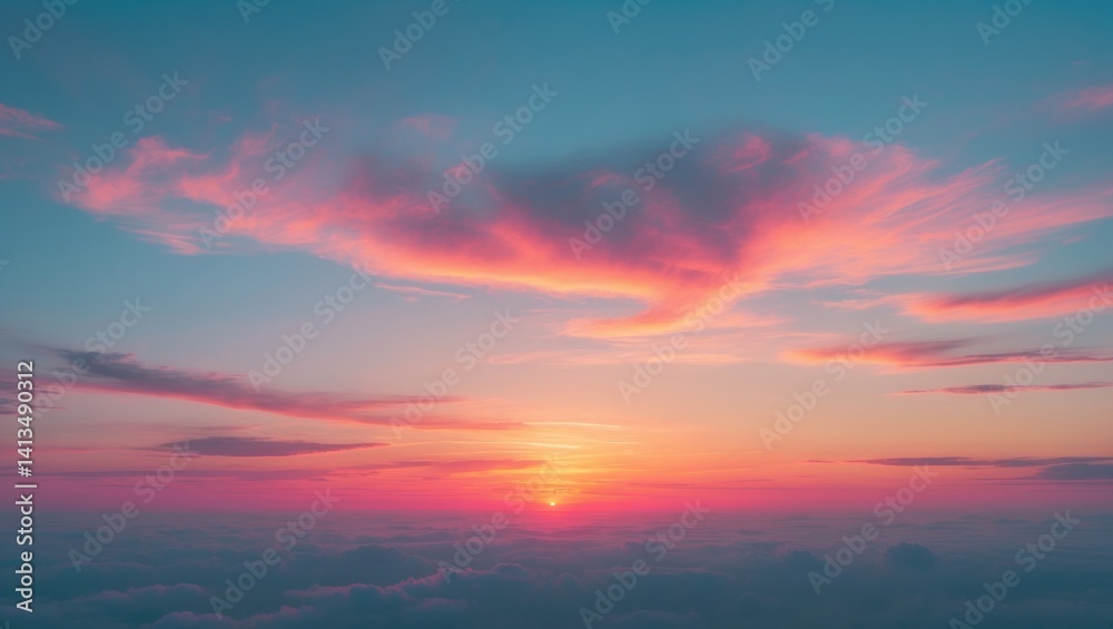 Fototapeta premium Horizon sky background featuring summer sunset clouds and evening sunlight