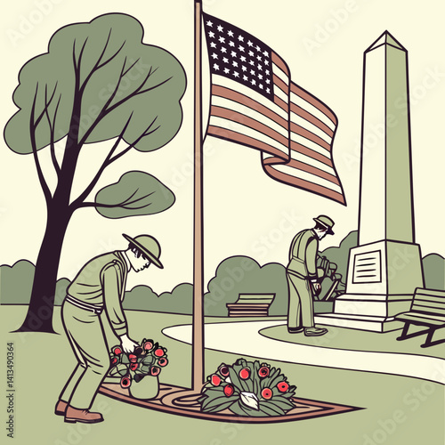 A serene and somber scene depicts three soldiers in military attire standing at attention near a monument in a cemetery.
