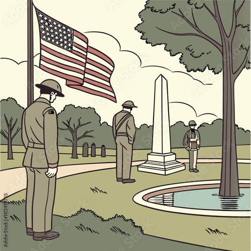 A serene and somber scene depicts three soldiers in military attire standing at attention near a monument in a cemetery.