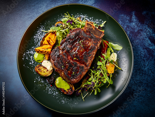Grilled rib eye steak with vegetables and herbs on elegant plate