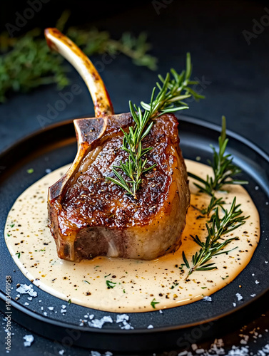 Grilled tomahawk steak with rosemary and creamy sauce on black plate