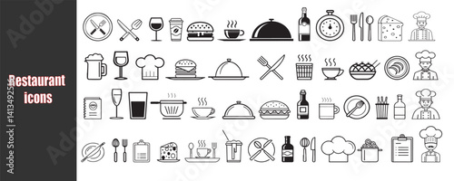 Set for Collaboration Restaurant and Culinary Icons Simple Line Art Pictograms for Food and Drink Services