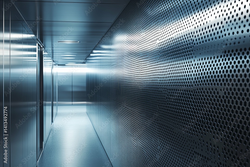 Obraz premium A long futuristic hallway with illuminated ceiling lights and perforated walls