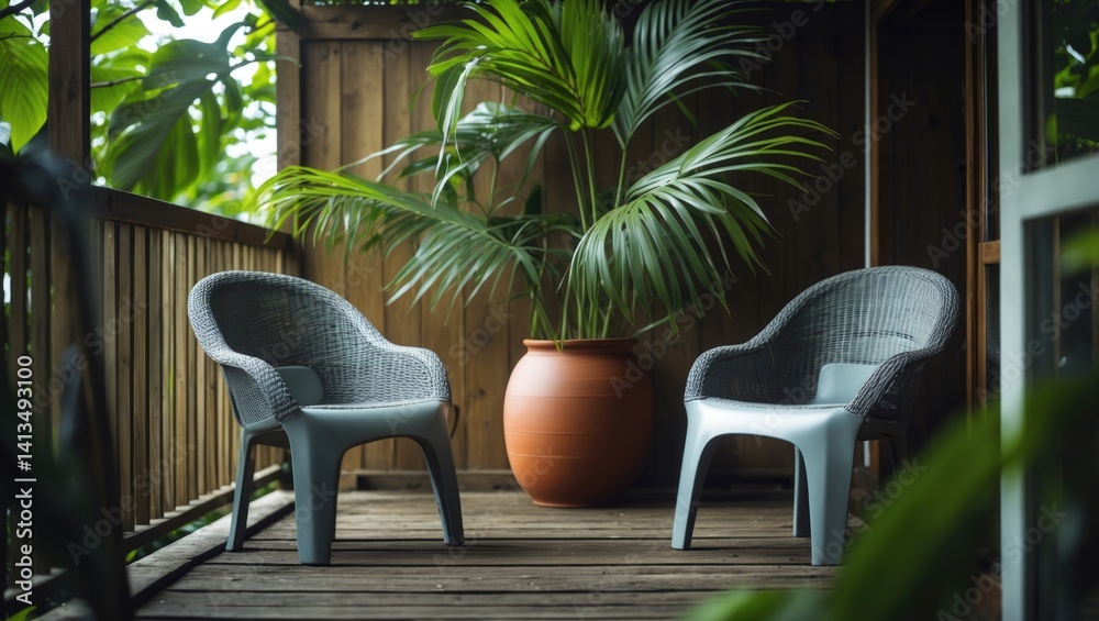 custom made wallpaper toronto digitalA pair of woven plastic chairs on the balcony, grey