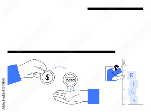 Hand exchanging dollar for token, individual assessing risk blocks. Ideal for finance, investment, business strategy, blockchain, decision-making, risk analysis, simple landing page