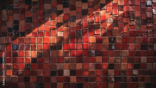 Red and brown ceramic mosaic tile backdrop. Contemporary vintage ceramic tiles for wall or floor decoration. A range of red tones in ceramic tiles. Furnishing material for interior design.