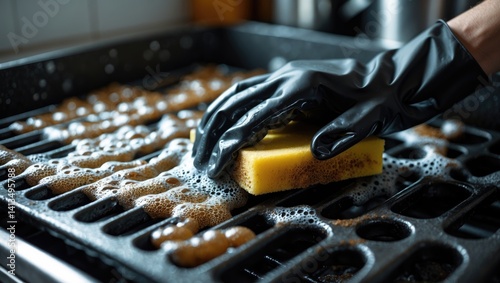 Individual cleaning a metal grill of grease while wearing rubber gloves.