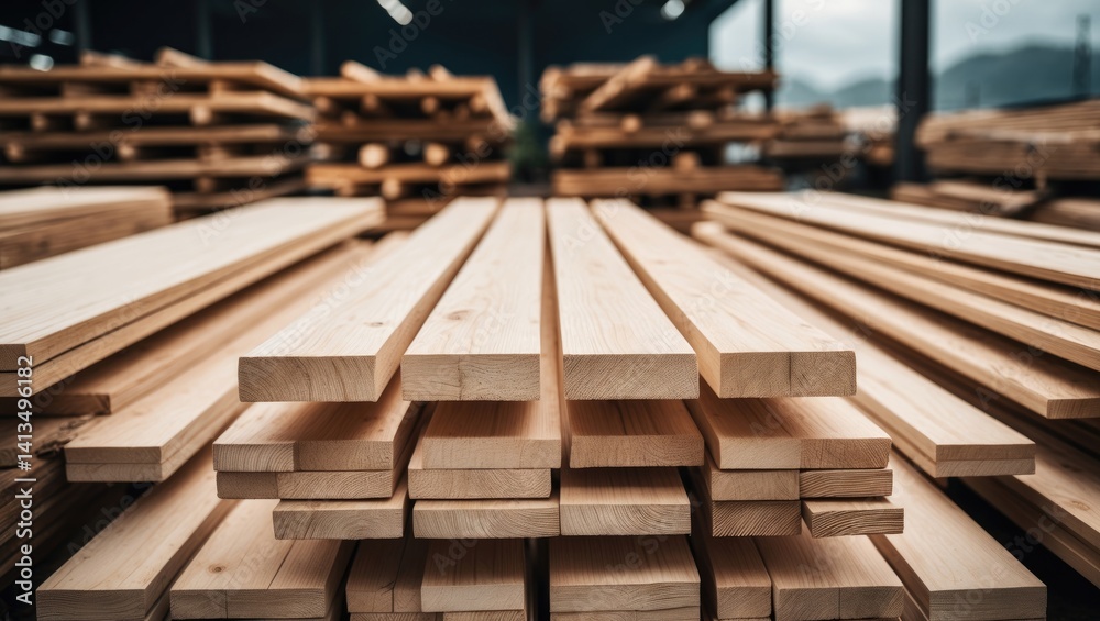Close-up view of wooden planks from an angle. Boards in the background.