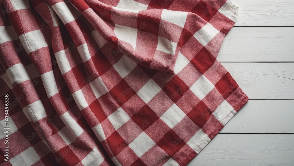 Fototapeta premium Top view of a wooden table with a red checkered tablecloth