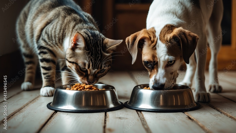 Pet consuming foot. Canine and feline dine from dish