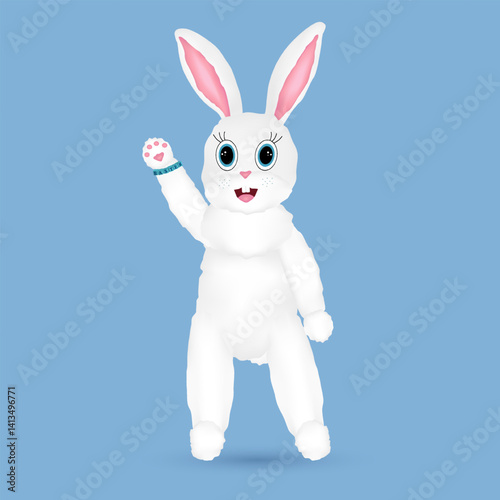White anthropomorphic 3D character Easter Bunny with big blue eyes waving his paw on a blue background. Bracelet with Easter inscription. Vector drawing. Perfect for holiday greetings, festive designs