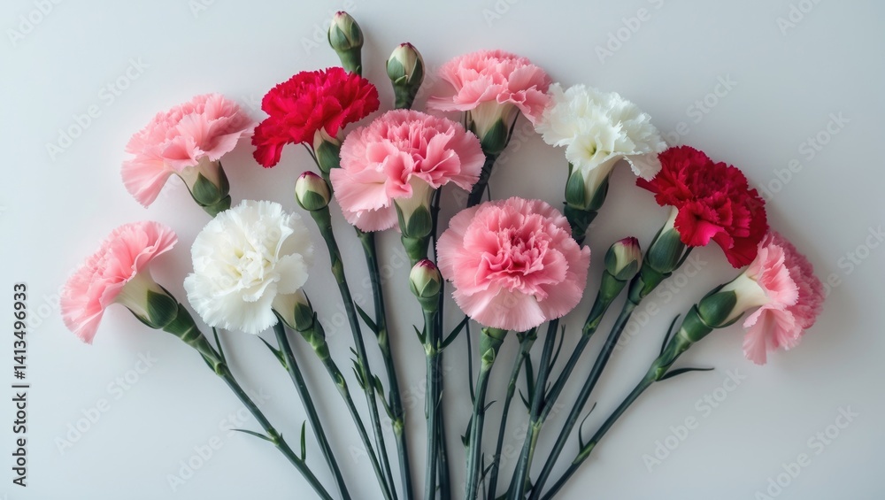 Isolated red and white carnation flowers with green leaves and buds