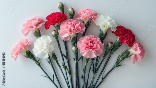 Obraz na płótnie Isolated red and white carnation flowers with green leaves and buds w salonie