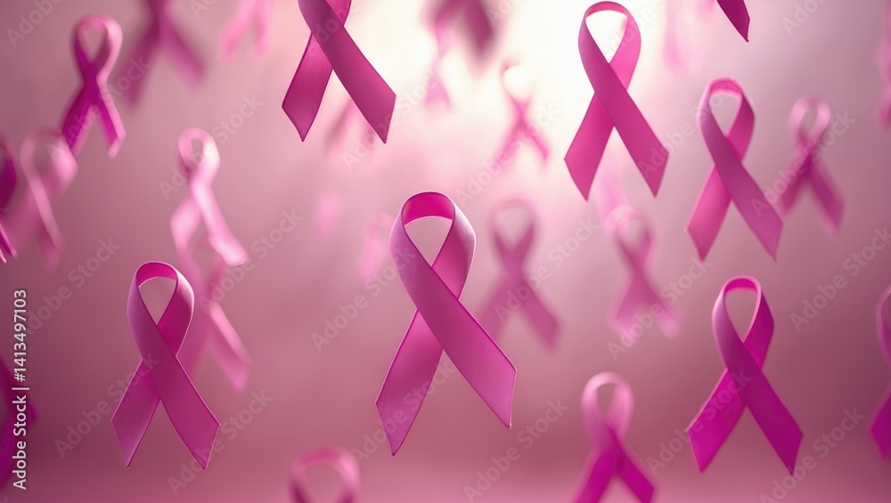 Breast Cancer Awareness Pink Ribbon. Soaring pink ribbons on a pink surface. Awareness campaign for breast cancer. Overhead view. Mockup.