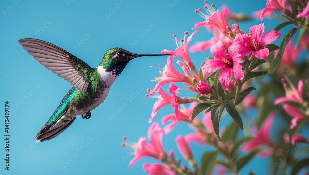 Fototapeta premium A hummingbird extracts nectar from a flower