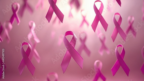 Obraz na płótnie Breast Cancer Awareness Pink Ribbon. Soaring pink ribbons on a pink surface. Awareness campaign for breast cancer. Overhead view. Mockup. w salonie