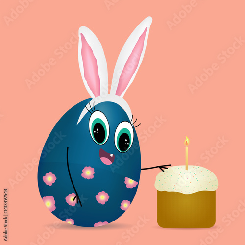 Cute anthropomorphic 3D character Easter Egg smiling with Bunny Ears, and turquoise eyes Celebrating with a Festive Easter cake on peach background. Perfect for holiday greetings and festive designs.