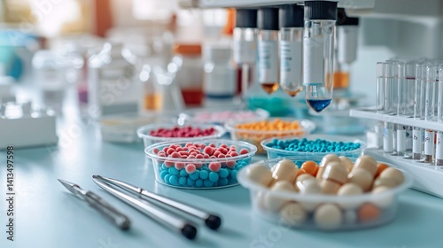 White laboratory desk with cultured bacteria in various dishes, colorful colonies emerging in detail, sterile tools nearby, clear background, focus on scientific microbiology environment, bright