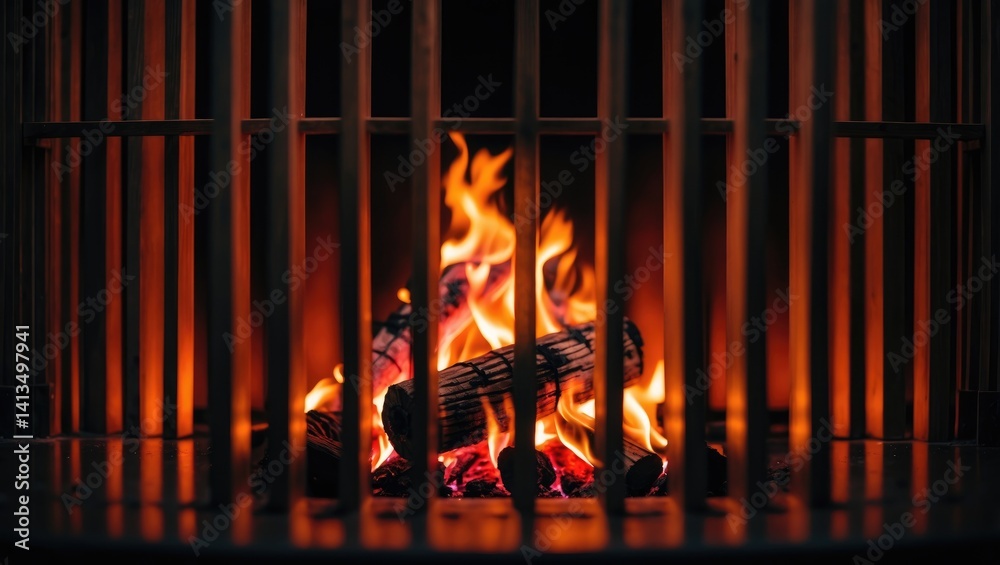 Image of a fireplace with flames and a grate
