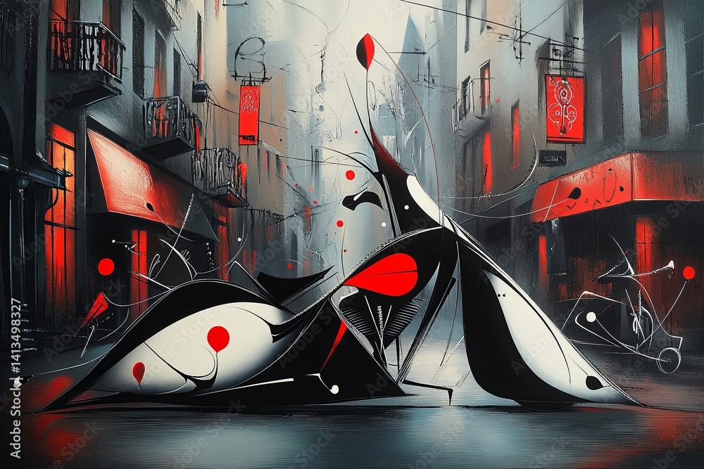 Motocykl abstrakcja styl Miro inspirowane surrealistycznym malarzem grafika Generative AI