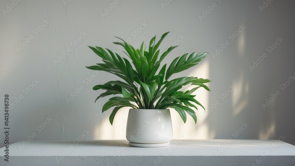 White pot featuring a retro styled synthetic plant. Concept of minimalistic decoration. Close-up view with slight blur. Space for text. White pot featuring a retro styled synthetic plant. Concept of minimalistic decoration. Close-up view with slight blur. Space for text.