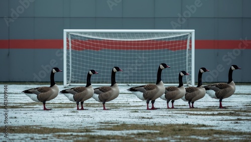 A gaggle of geese moving across a soccer field.