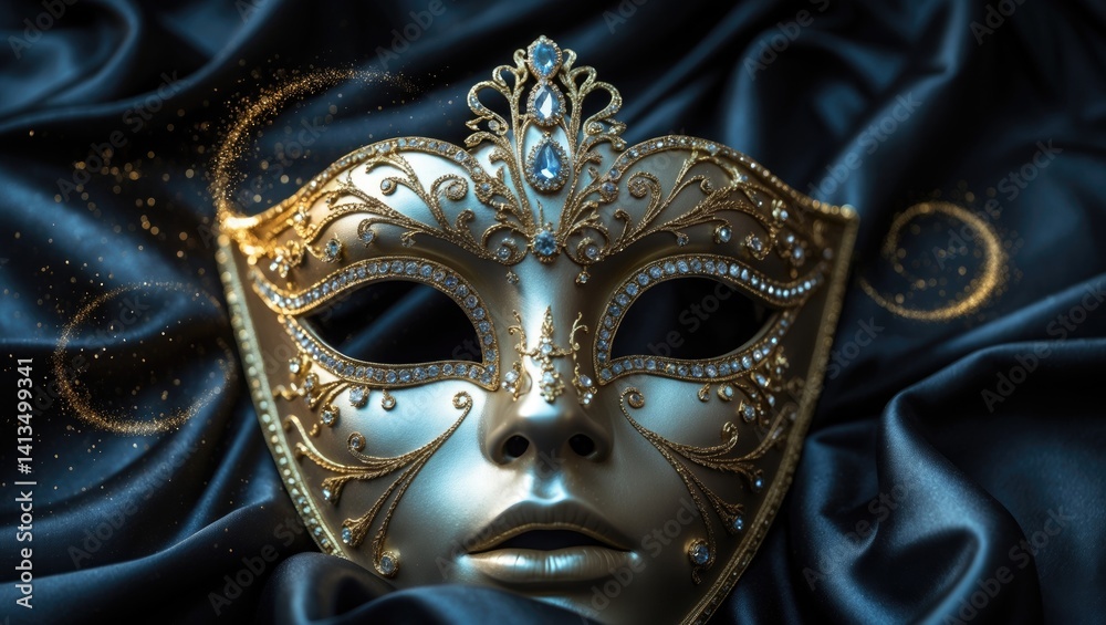 Image of a refined and delicate gold mask set against a dark silk backdrop Image of a refined and delicate gold mask set against a dark silk backdrop