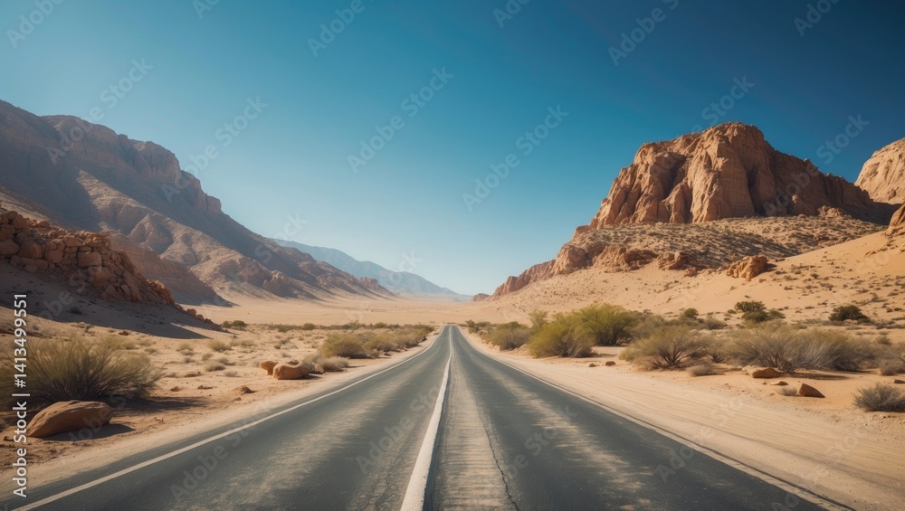 Attractive road bordered by desolate hills and a vivid blue sky