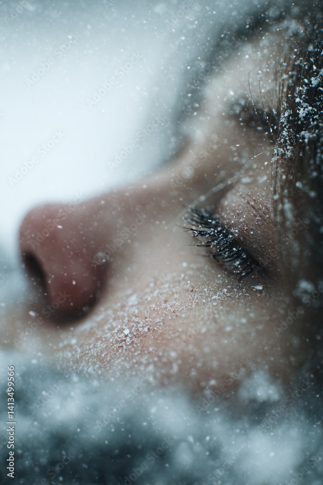 Fototapeta premium close-up winter portrait of young woman lying in snow, peaceful emotional expression with soft flakes and cold seasonal textures, serene outdoor scene capturing natural beauty and introspection