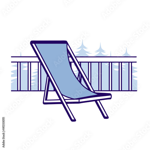 Minimalist vector illustration of deck chair on wooden balcony with pine trees in background, peaceful relaxation and travel concept, isolated on white background