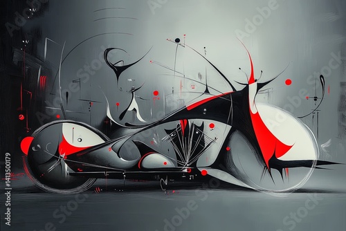 Obraz na płótnie Motocykl abstrakcja styl Miro inspirowane surrealistycznym malarzem grafika Generative AI
w salonie