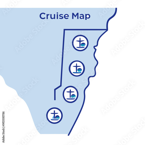Minimalist vector illustration of vertical cruise map with ship icons along coastline, nautical travel concept, stylized route diagram, isolated on white background