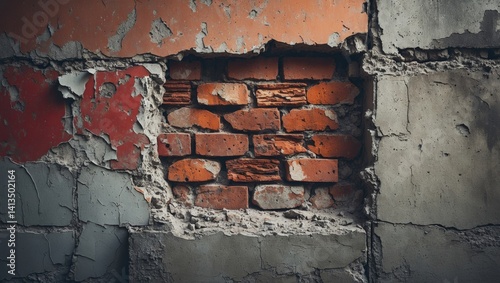 Wall of bricks with plaster sections. Structure needing refurbishment. Detailed view of aged brick building texture. Distressed backdrop showcasing red and white blocks with stucco layers.