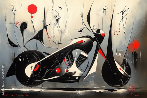 Obraz na płótnie Motocykl abstrakcja styl Miro inspirowane surrealistycznym malarzem grafika Generative AI
w salonie